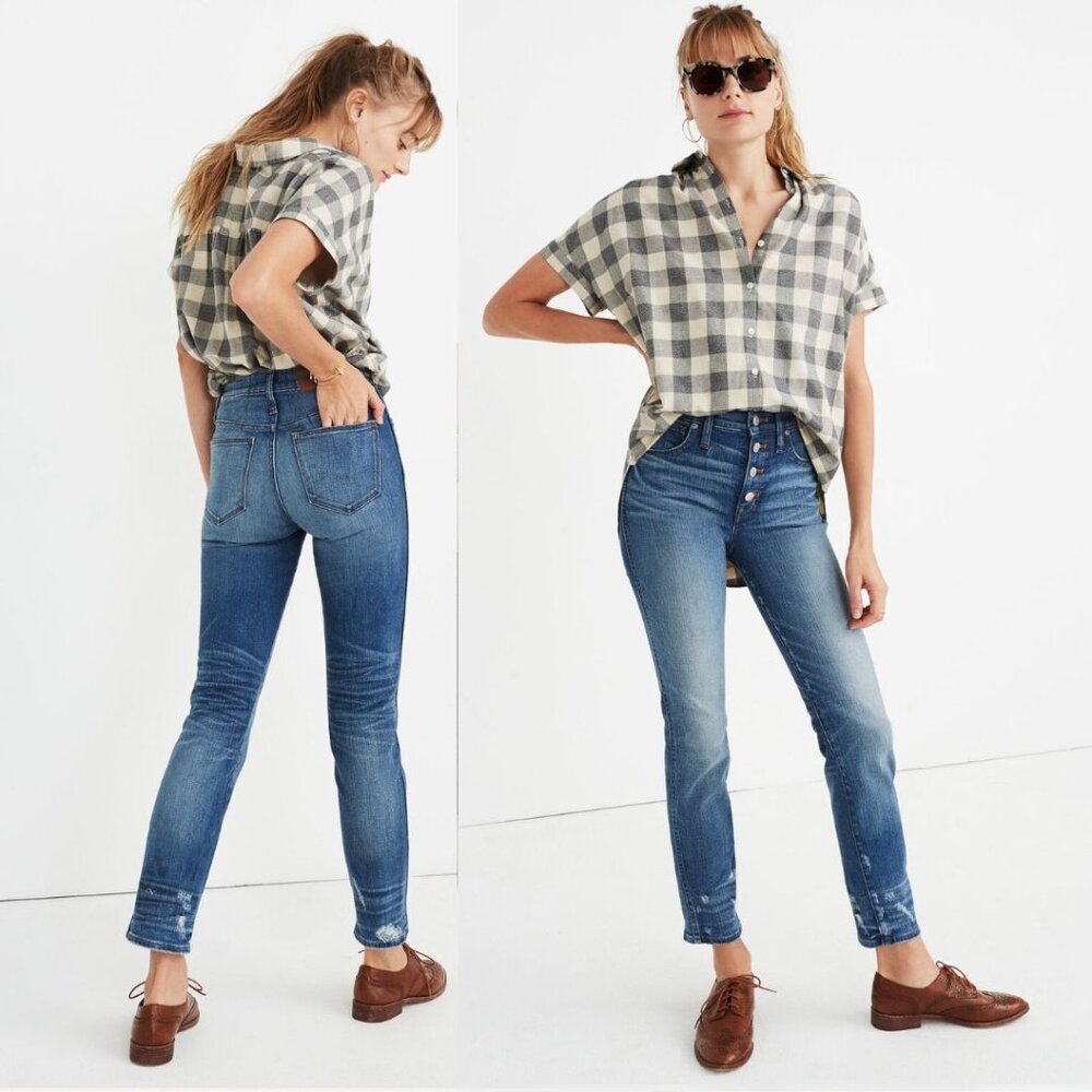 Madewell - Slim Straight Jeans: Distressed Button-Front J7214 | Size 28: Lt Blue